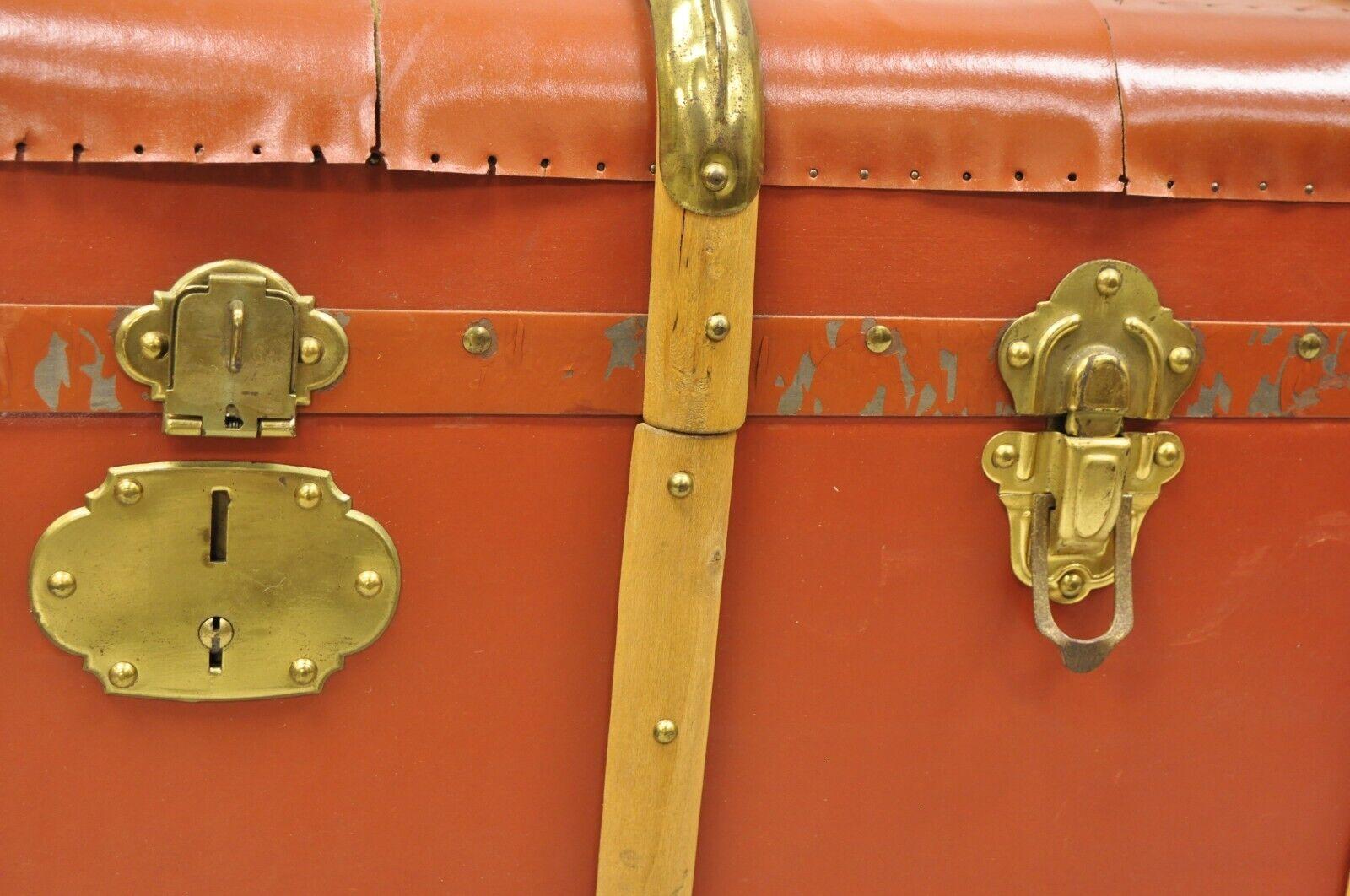 Antique Wooden Band Large Steamer Trunk Orange Ship Trunk Cunard Line Decals For Sale 1