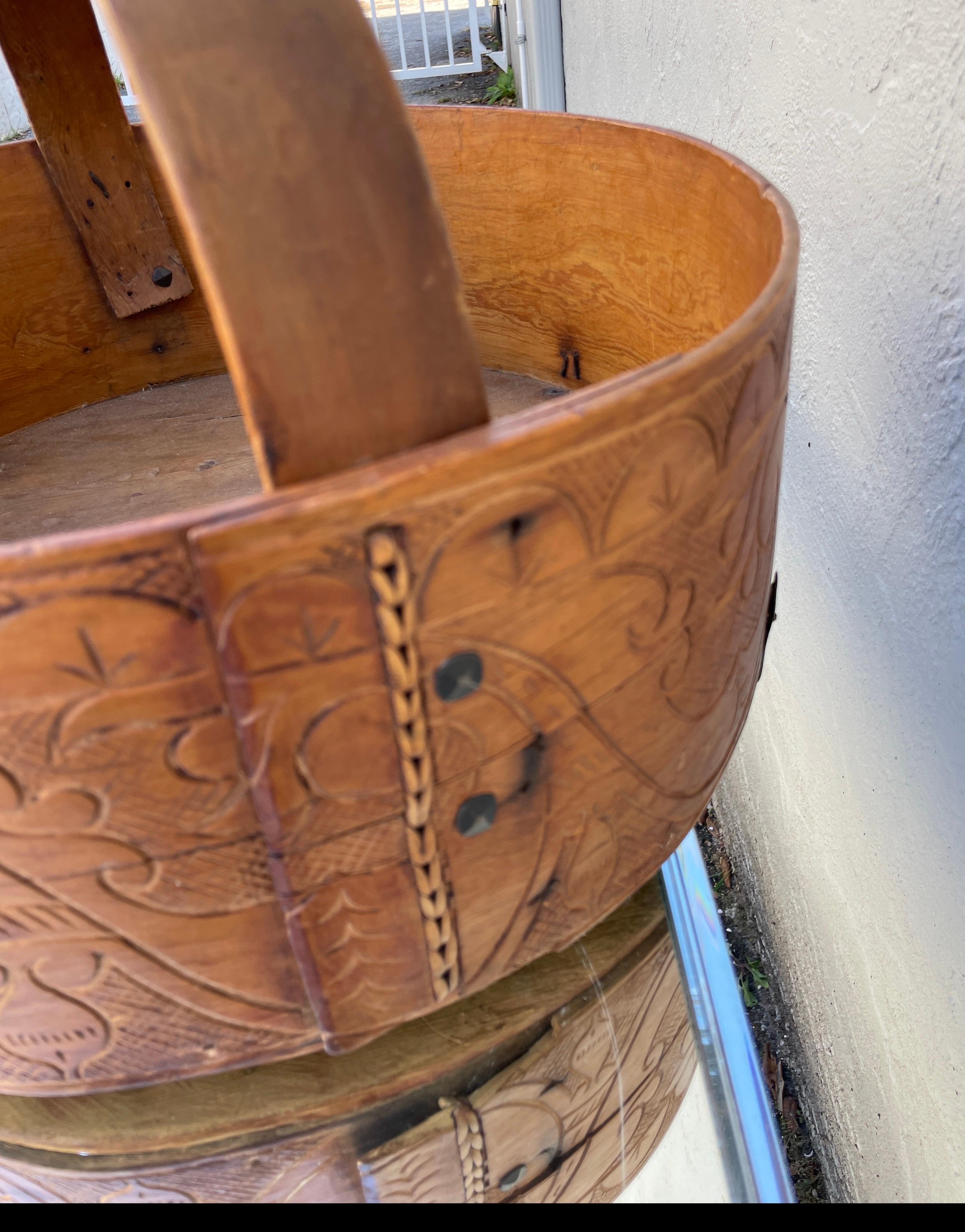 19th Century Antique Wooden Basket with Carved Detailing For Sale