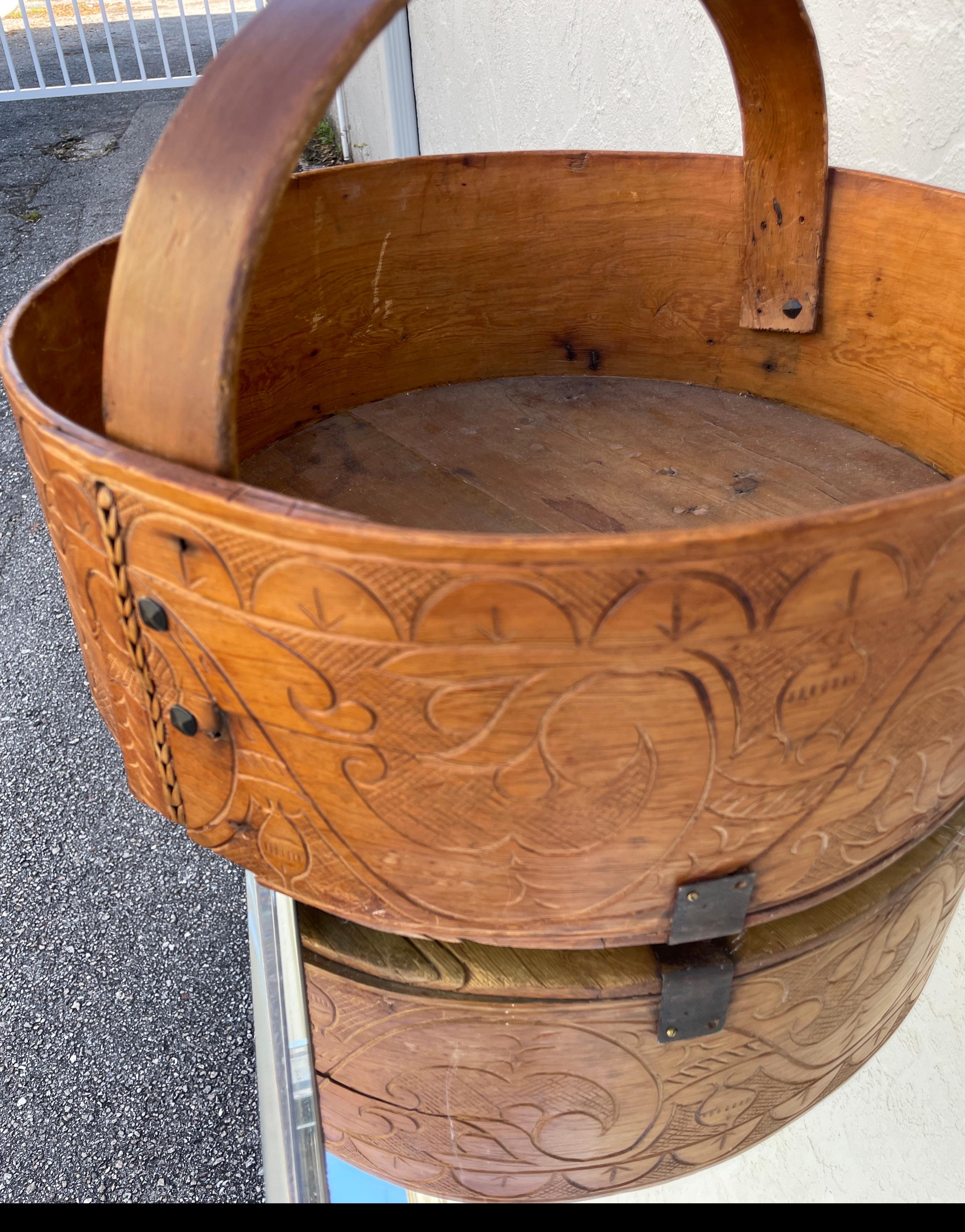 Antique Wooden Basket with Carved Detailing For Sale 1