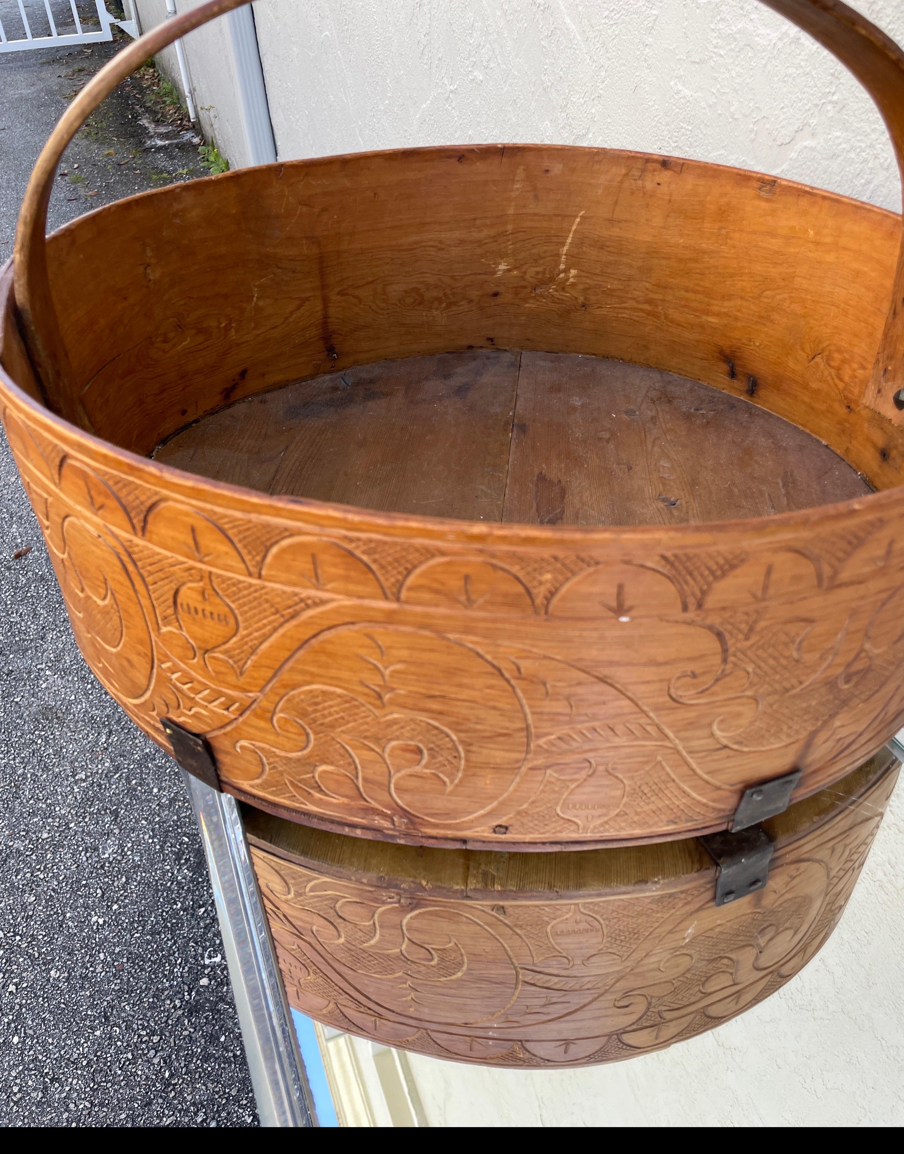 Antique Wooden Basket with Carved Detailing For Sale 2
