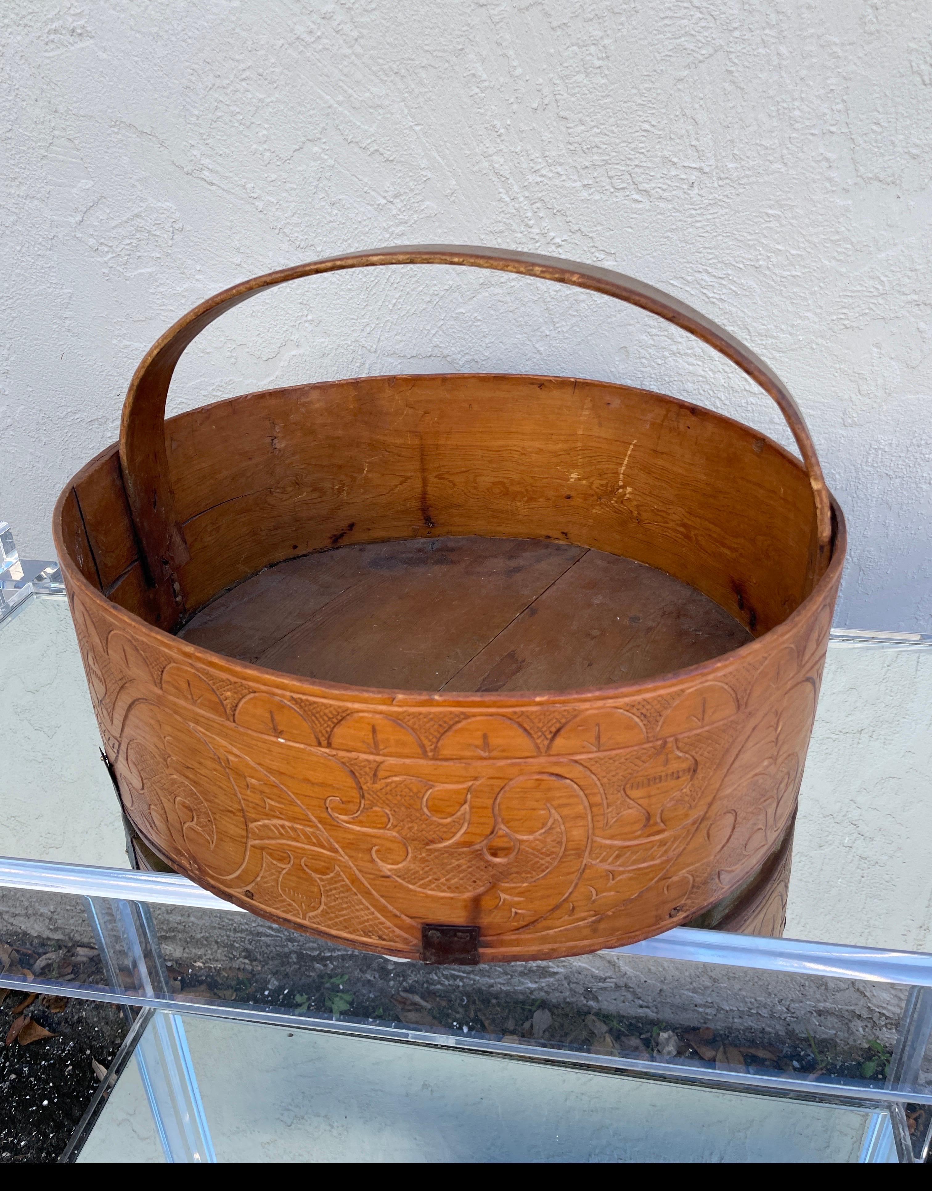 Antique Wooden Basket with Carved Detailing For Sale 3