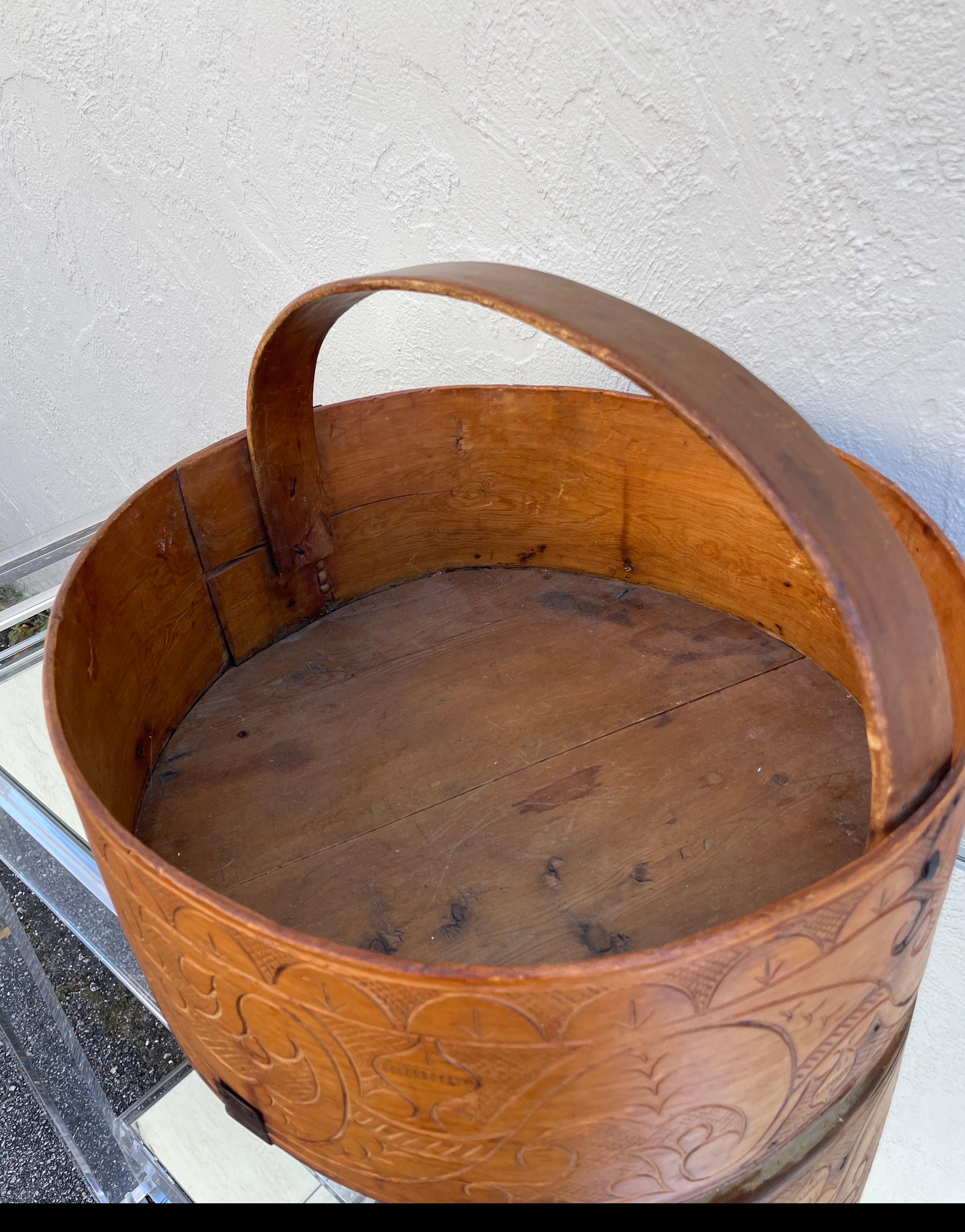 Antique Wooden Basket with Carved Detailing For Sale 4