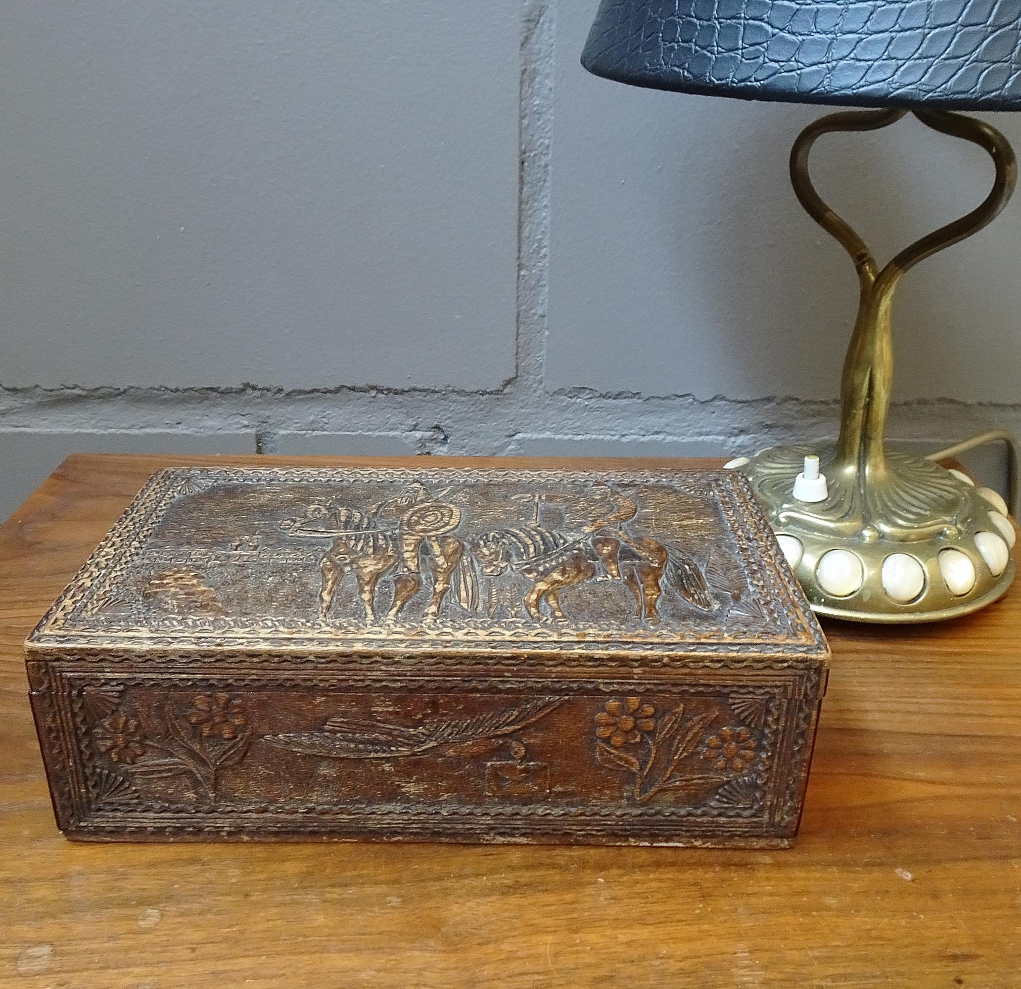 Antique Wooden Box Casket with Carved Historical Scenery, 1910 1