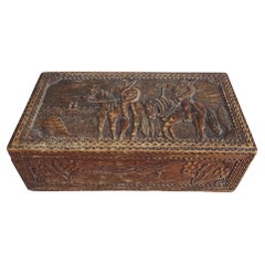 Antique Wooden Box Casket with Carved Historical Scenery, 1910
