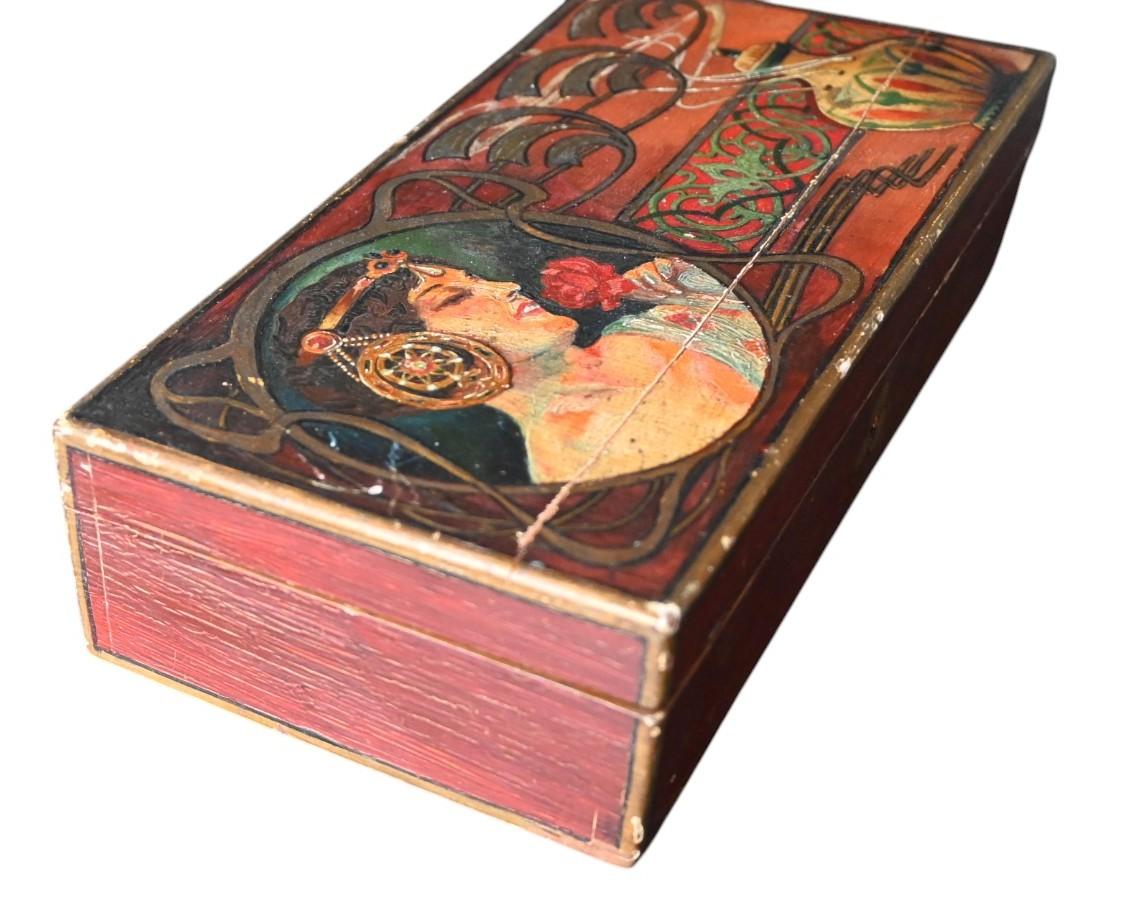 French Antique Wooden Box Painted In Art Nouveau Style For Sale