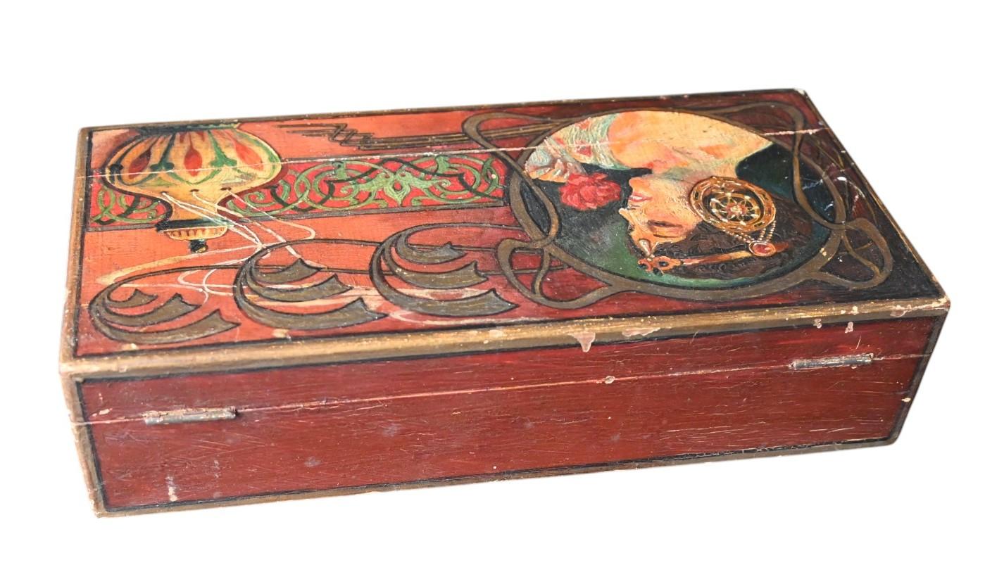 Hand-Painted Antique Wooden Box Painted In Art Nouveau Style For Sale