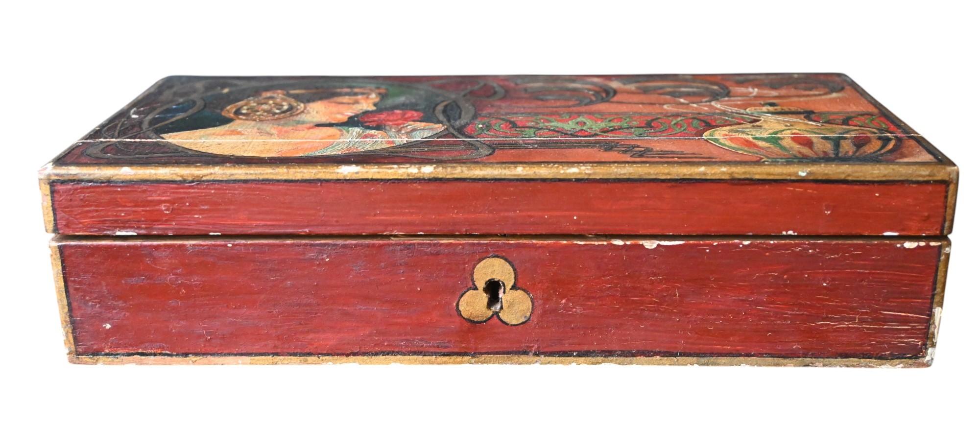 Antique Wooden Box Painted In Art Nouveau Style For Sale 1