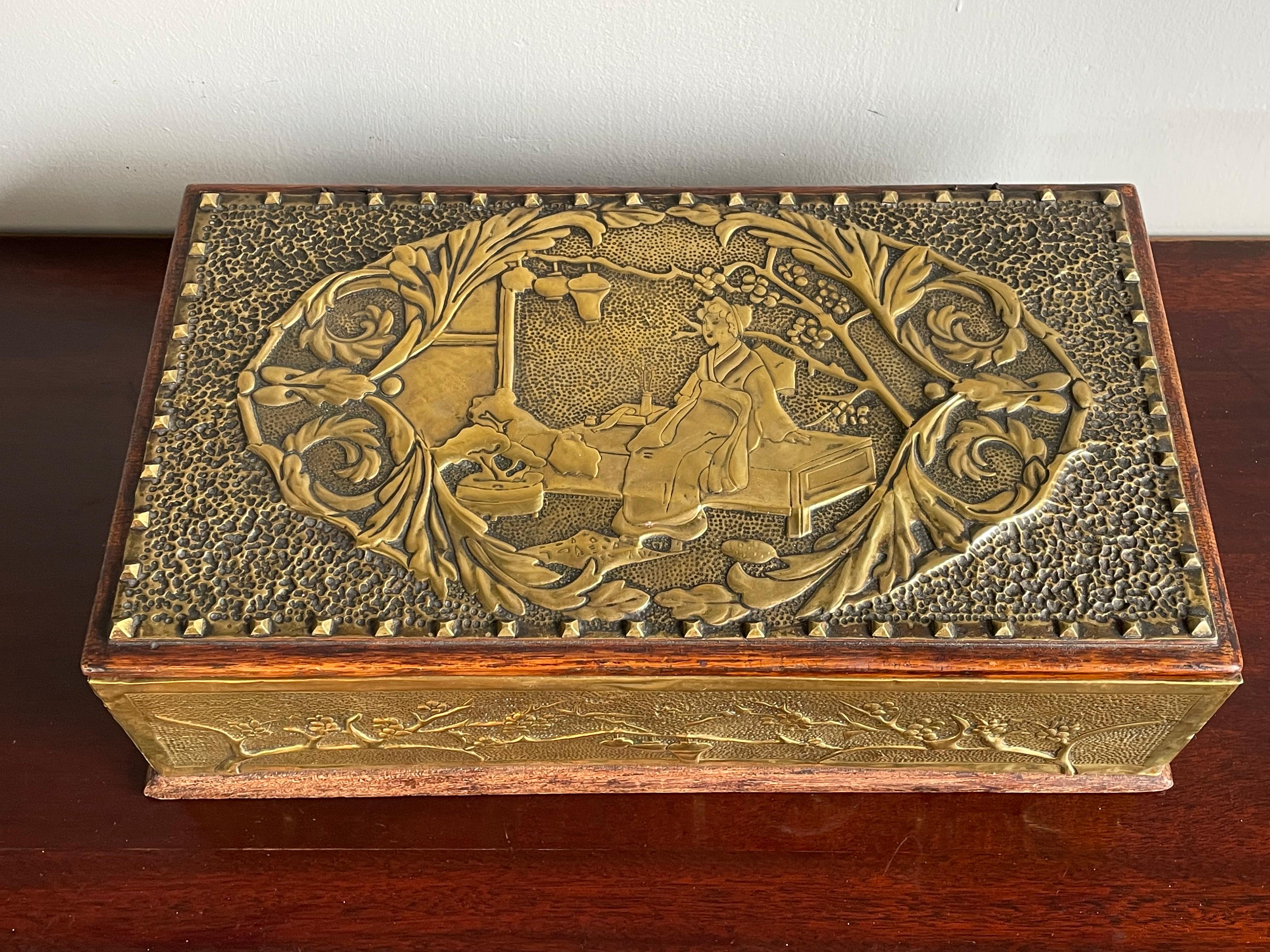 Vintage Brass Relief Work Scene Two Compartment Kindling Box or Magazine Holder with Handle
