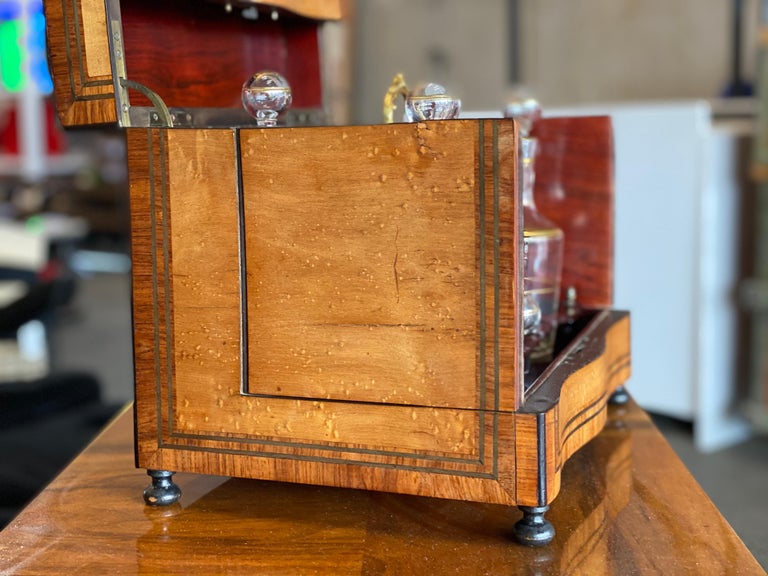 Birdseye Maple Antique Wooden Boxed Tantalus Bar, with Glas Decanter, Mid 19th Century For Sale