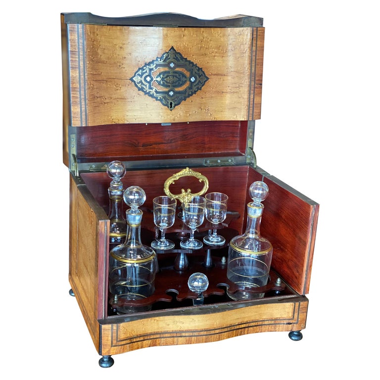 Antique Wooden Boxed Tantalus Bar, with Glas Decanter, Mid 19th Century For Sale
