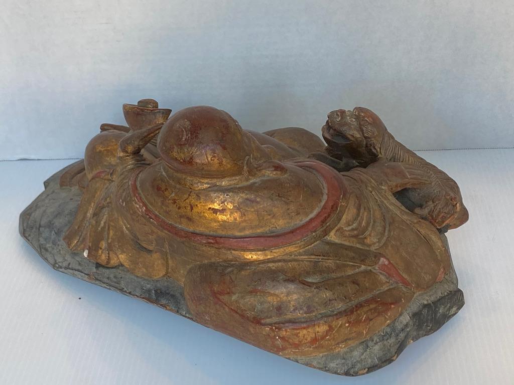 Chinese Export Antique Wooden Buddha Hotei Gold Leaf and Red Lacquered with Dog