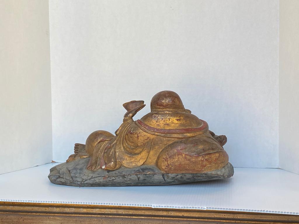 Chinese Antique Wooden Buddha Hotei Gold Leaf and Red Lacquered with Dog
