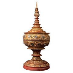 Antique wooden Burmese offering vessel from Burma  Original Buddhas