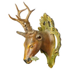 Antique Wooden Carved Black Forest Baroque Deer Head ca. 1850