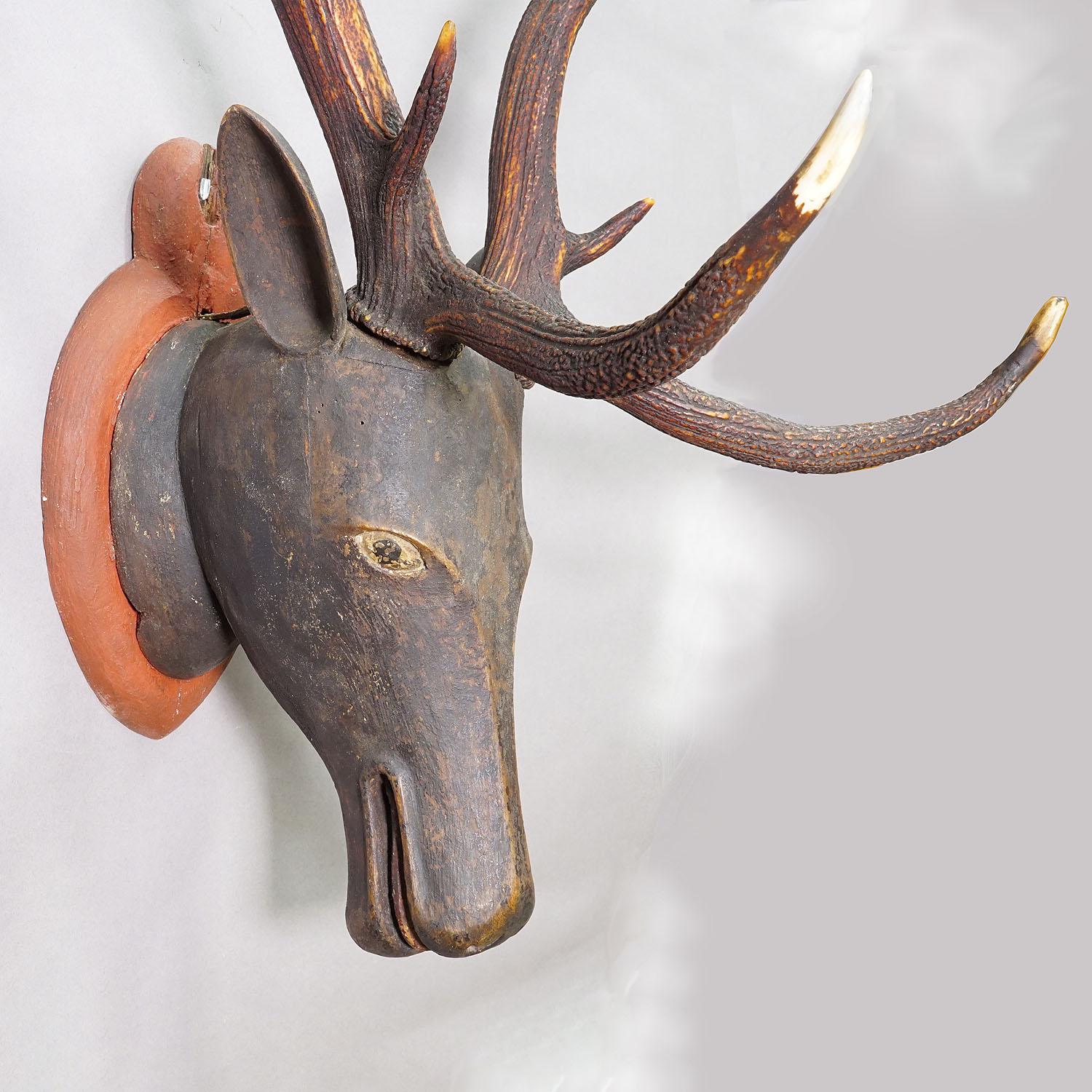 18th Century Antique Wooden Carved Black Forest Baroque Stag Head with 12 Point Trophy For Sale