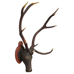 Antique Wooden Carved Black Forest Baroque Stag Head with 12 Point Trophy