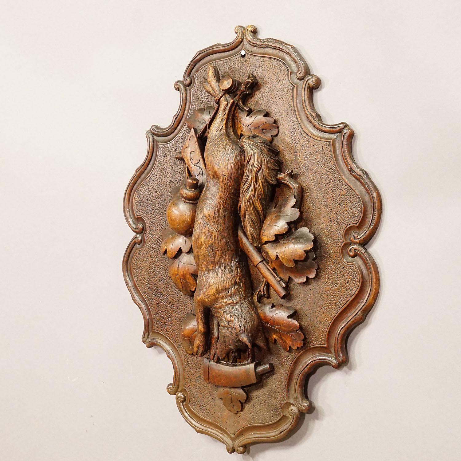 Swiss Antique Wooden Carved Black Forest Game Plaque with Fox For Sale