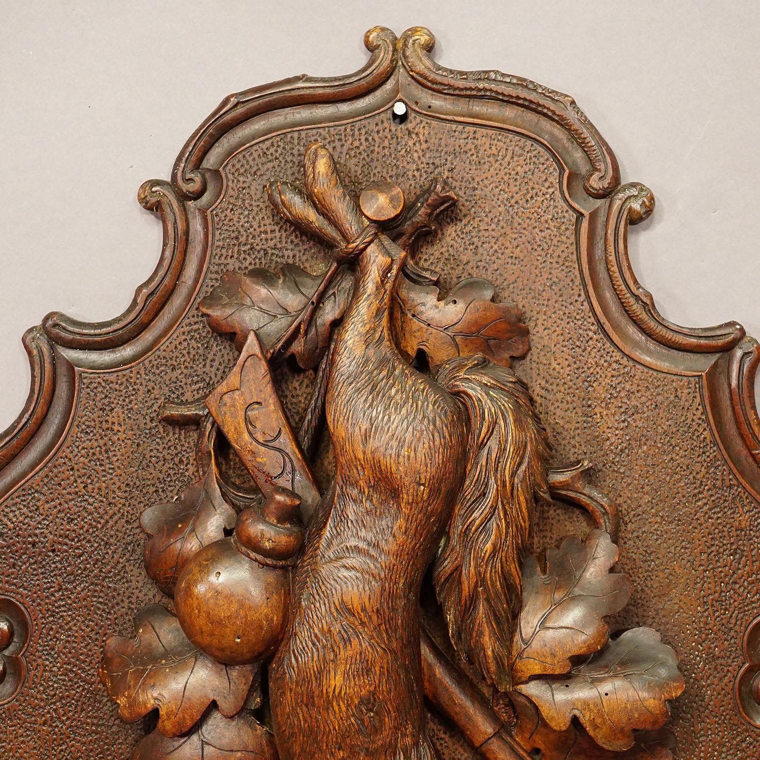 Hand-Carved Antique Wooden Carved Black Forest Game Plaque with Fox For Sale