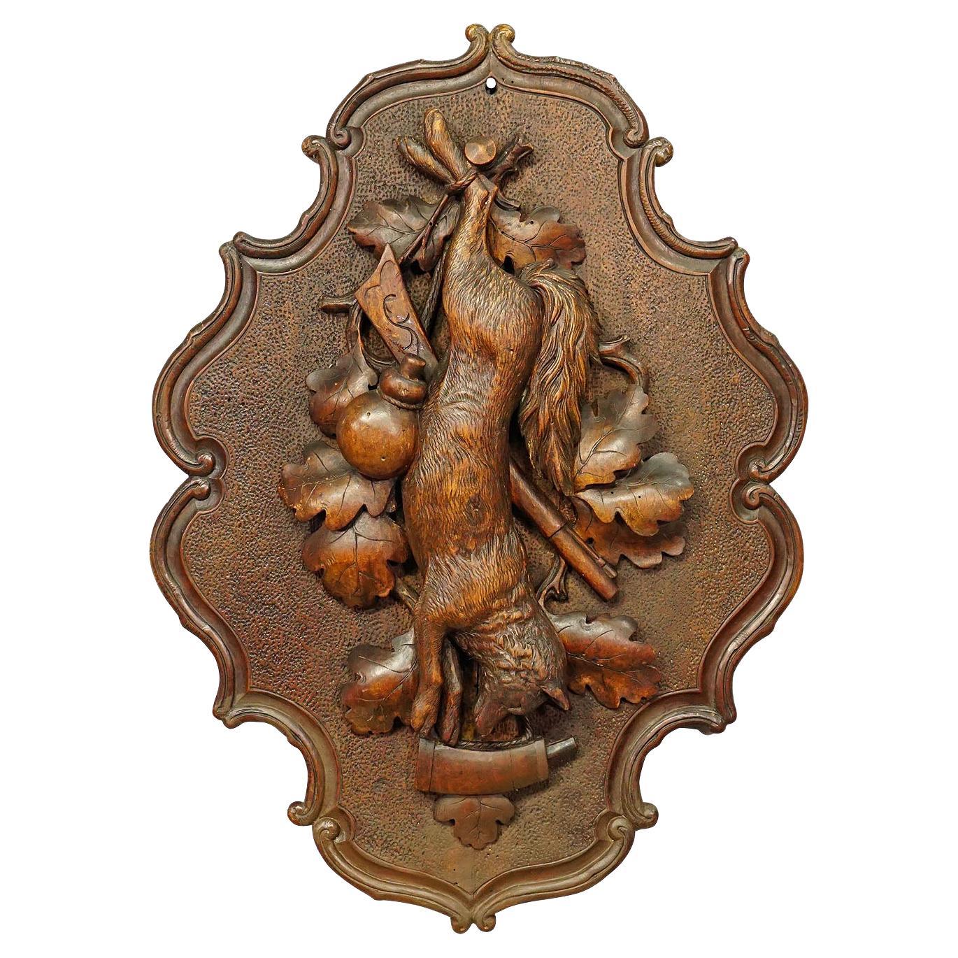 Antique Wooden Carved Black Forest Game Plaque with Fox