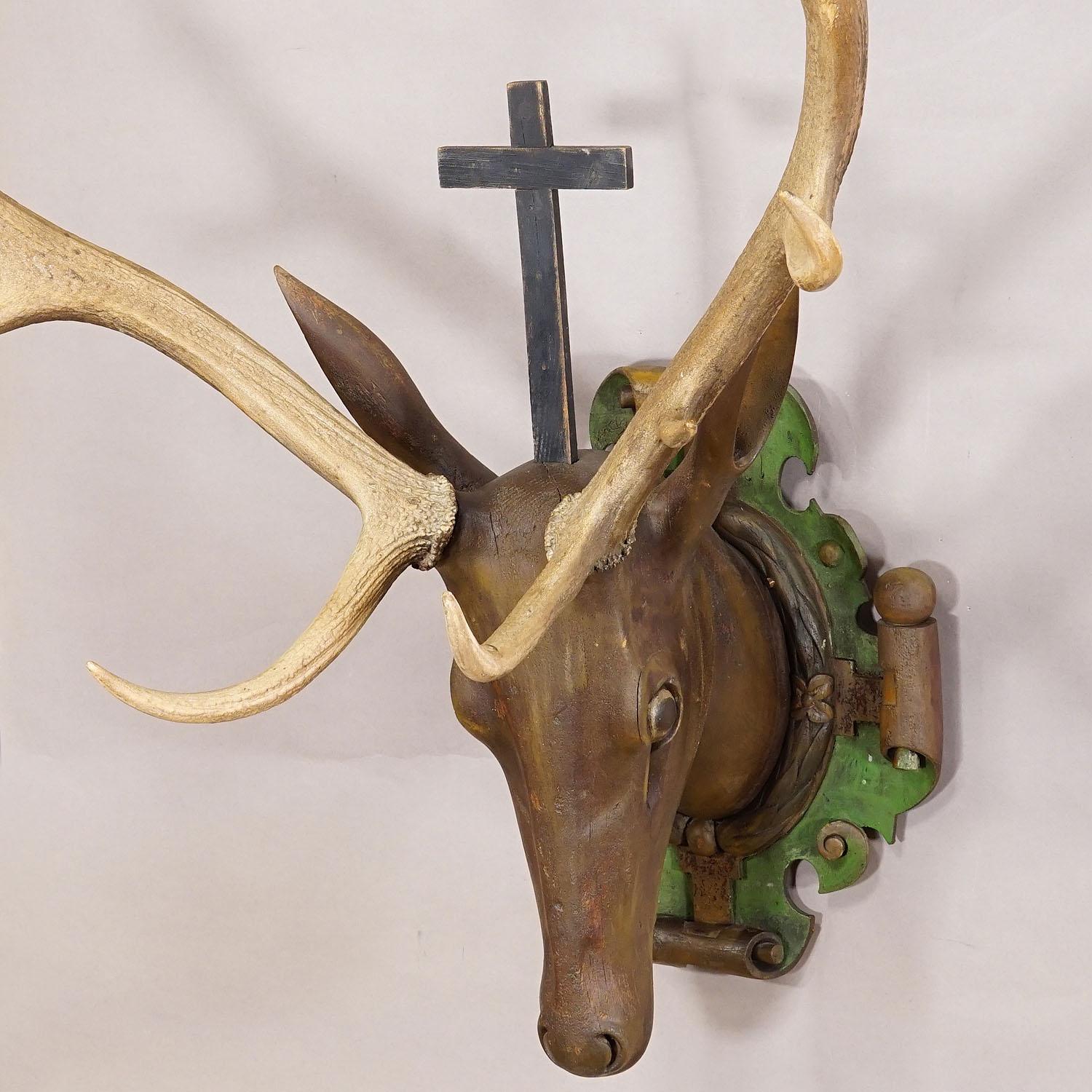 Rustic Antique Wooden Carved Black Forest Hubertus Stag Head with 12 Point Trophy