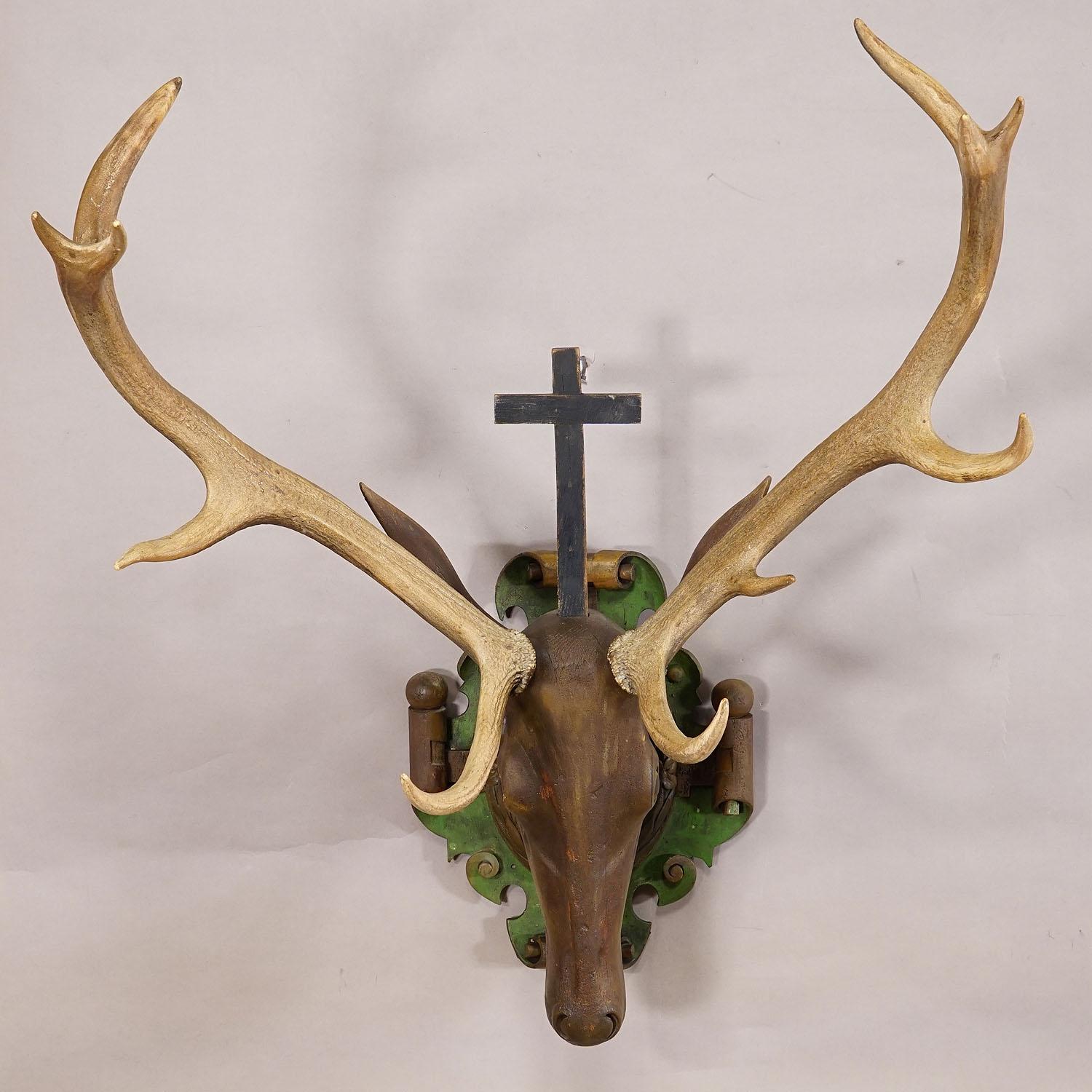 German Antique Wooden Carved Black Forest Hubertus Stag Head with 12 Point Trophy