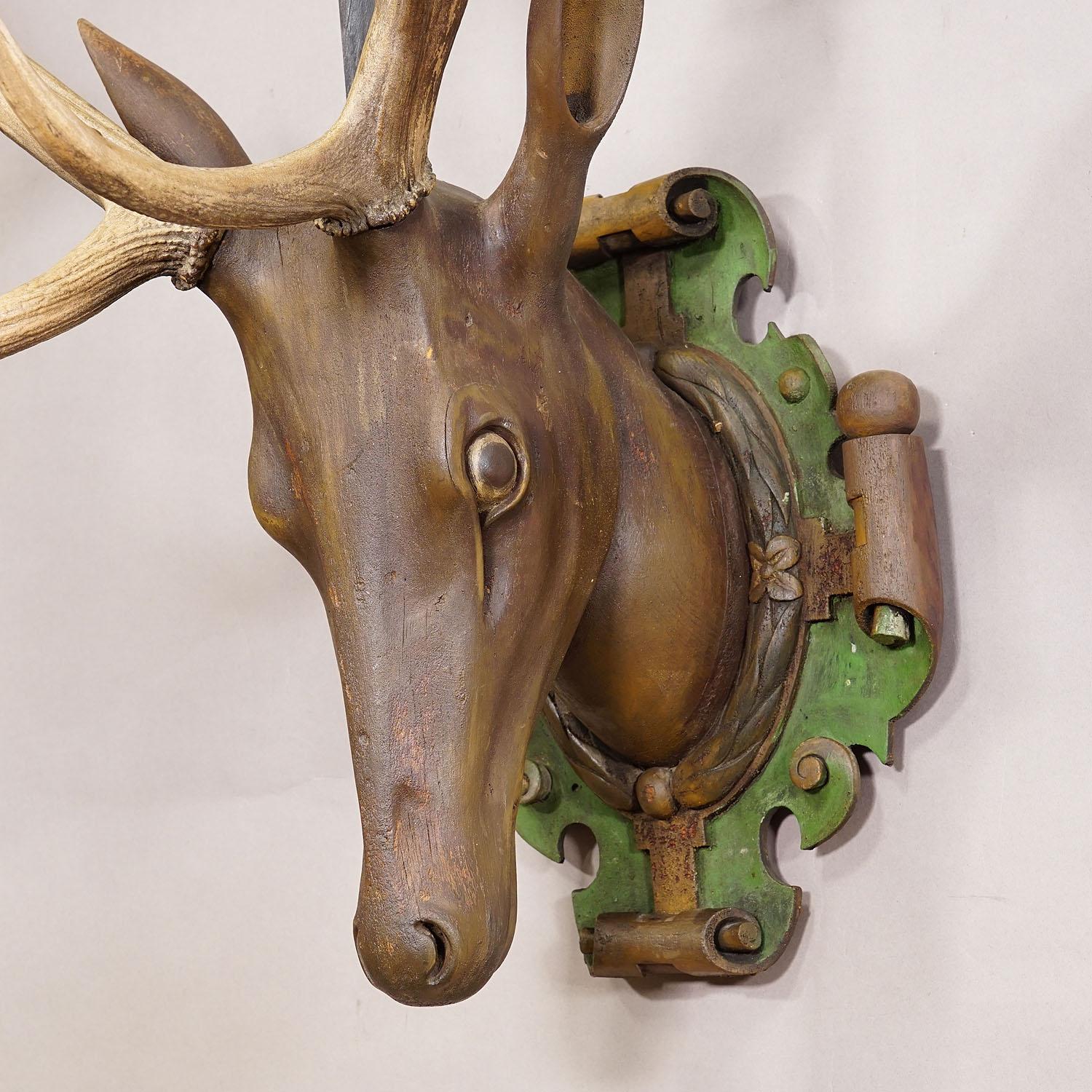 Hand-Carved Antique Wooden Carved Black Forest Hubertus Stag Head with 12 Point Trophy