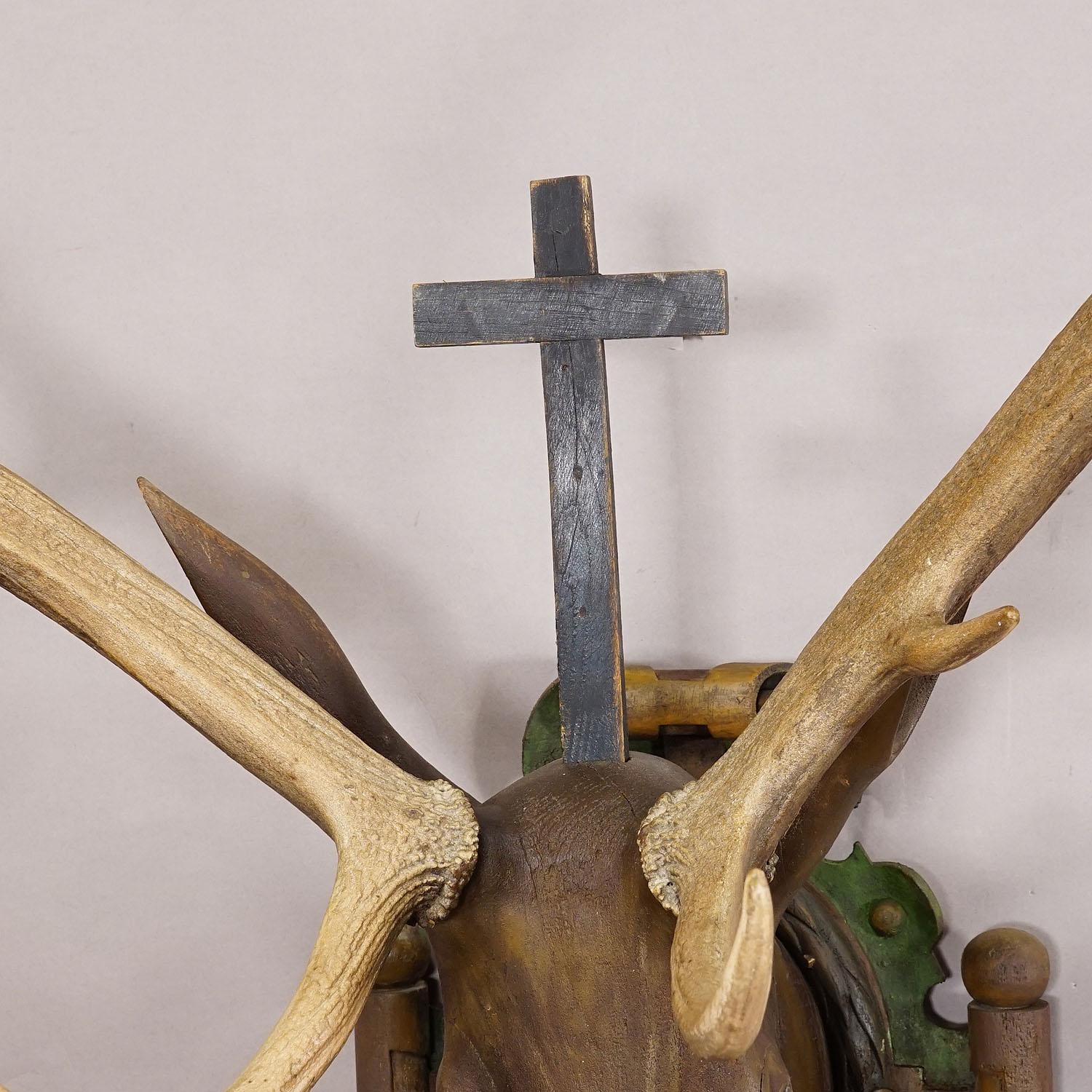 Antique Wooden Carved Black Forest Hubertus Stag Head with 12 Point Trophy 1
