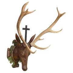 Antique Wooden Carved Black Forest Hubertus Stag Head with 12 Point Trophy