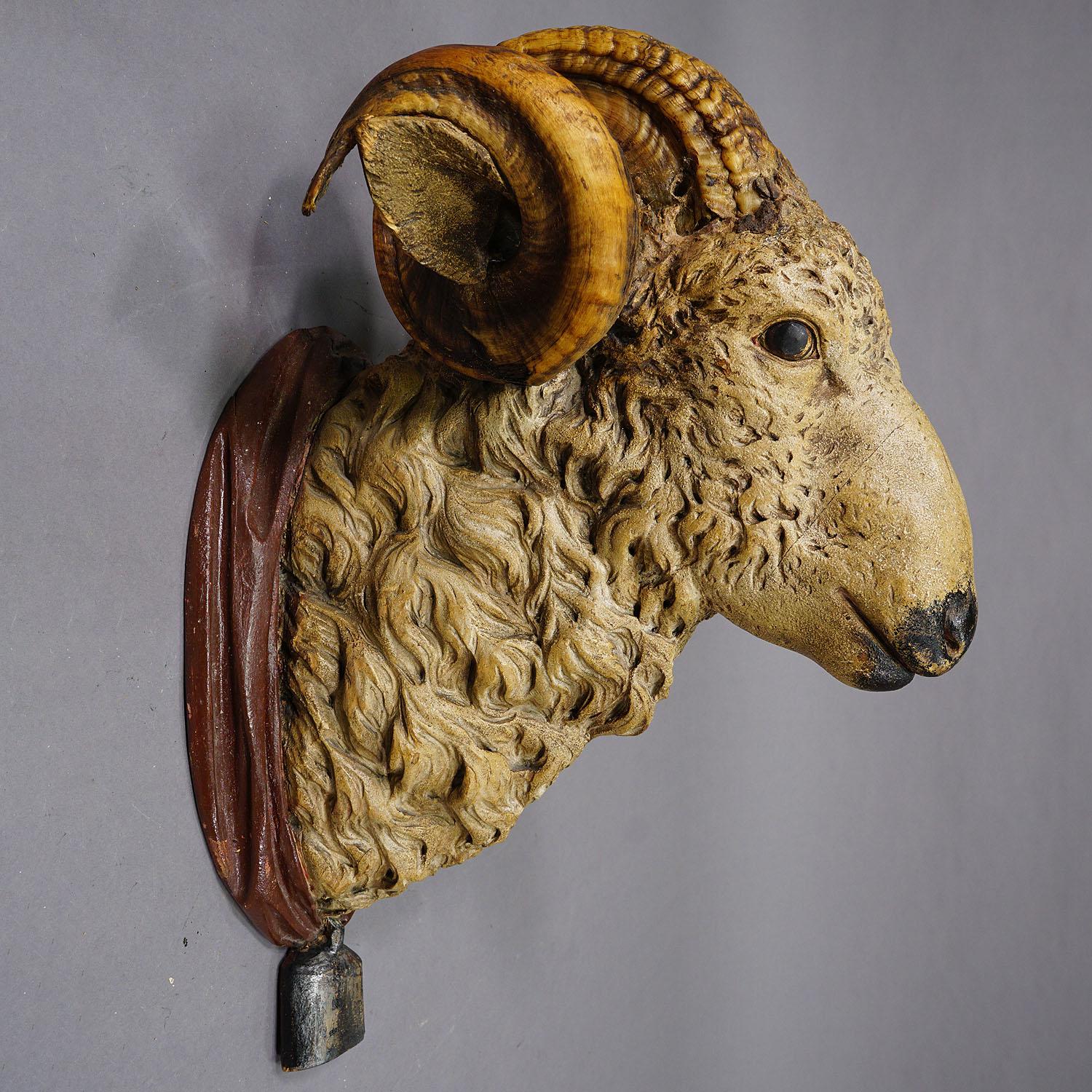 German Antique Wooden Carved Black Forest Mouflon Head ca. 1880s For Sale