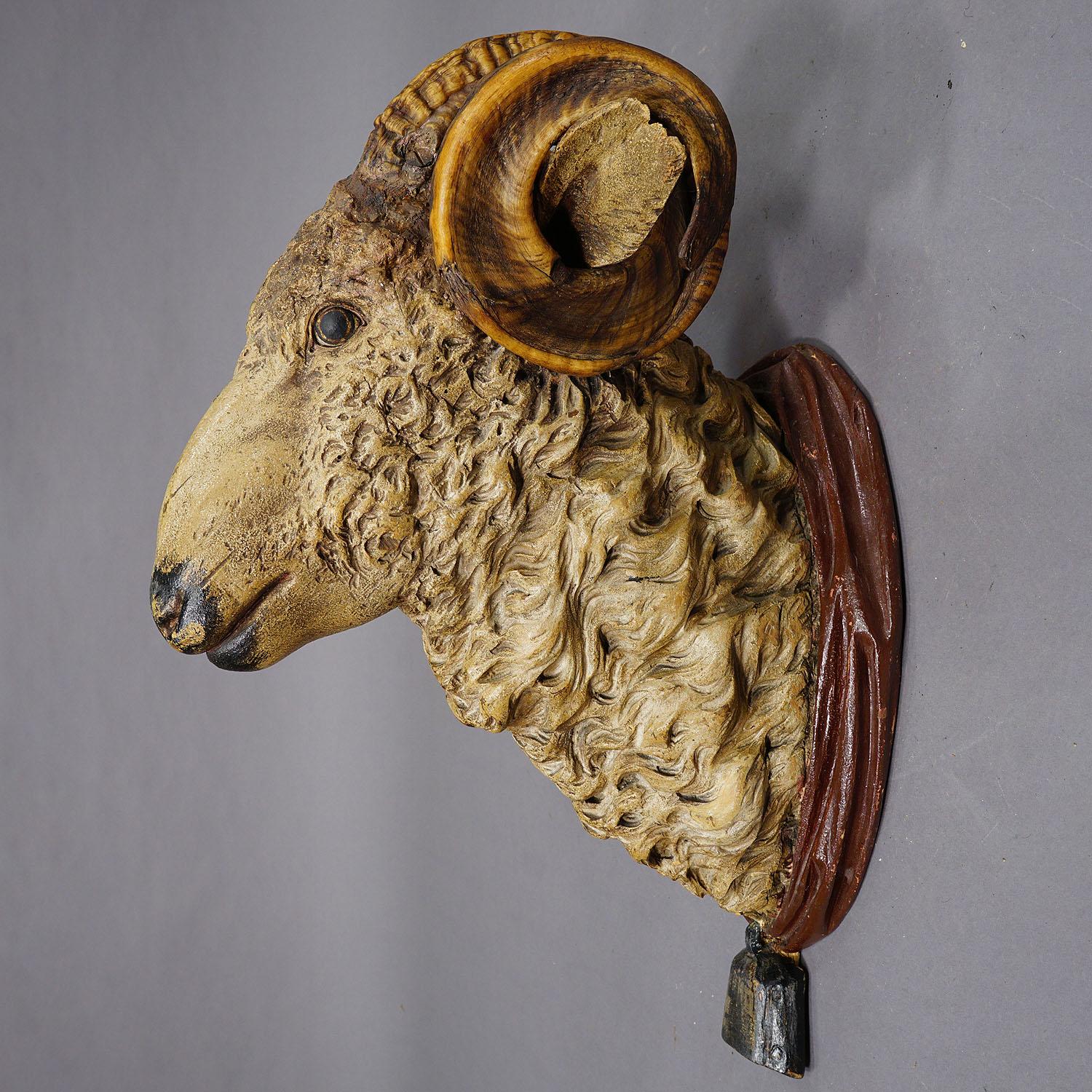 Antique Wooden Carved Black Forest Mouflon Head ca. 1880s In Good Condition For Sale In Berghuelen, DE
