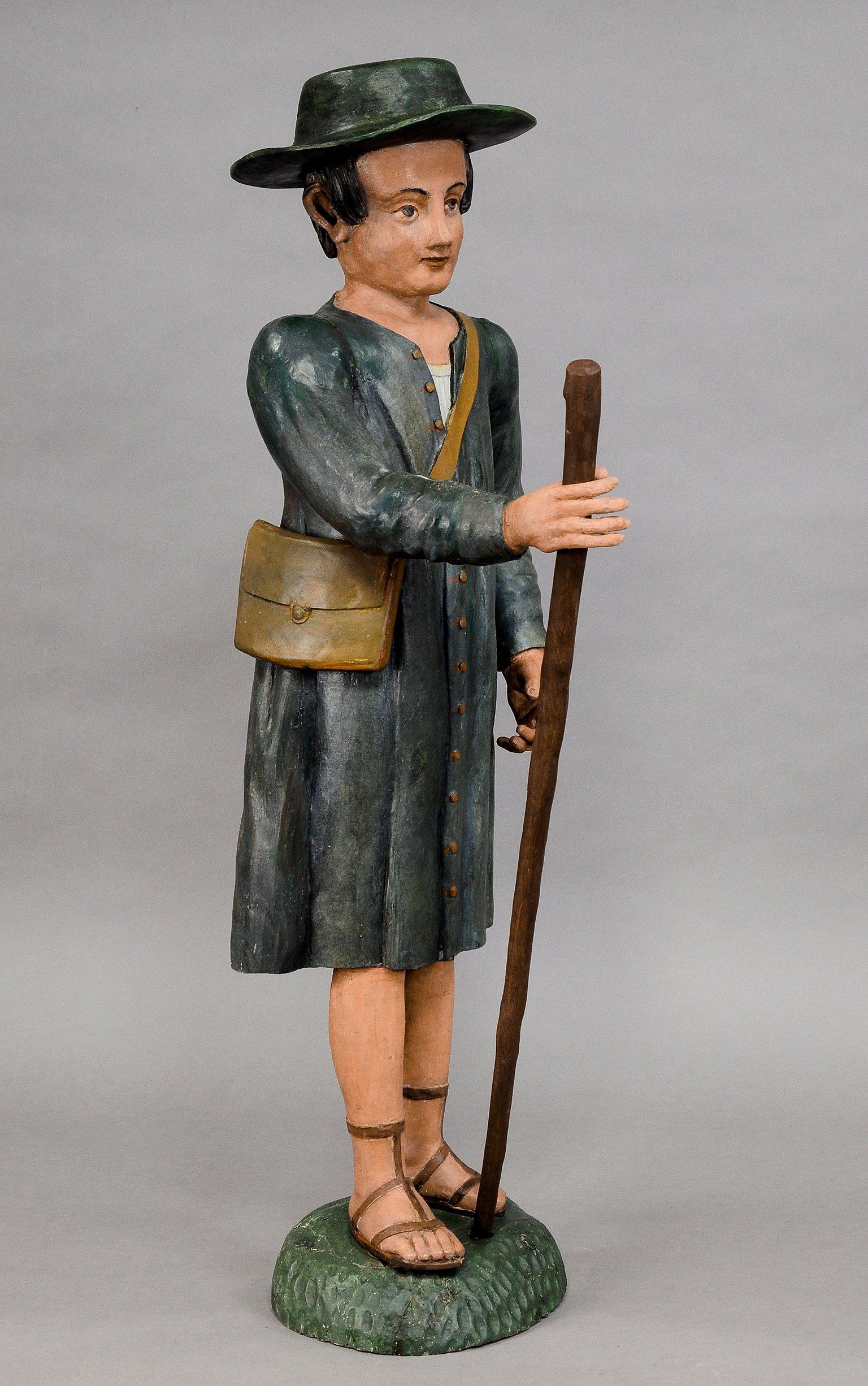 Figurine de berceau en bois sculpté d'antiquités d'un berger

Grande statue antique en bois sculpté représentant un berger, provenant probablement d'une crèche de Noël. Sculpté à la main en Allemagne dans la seconde moitié du XIXe siècle. Bois