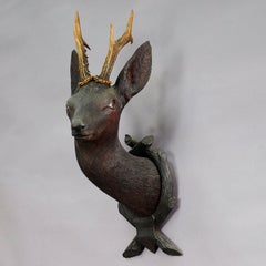 Antique Wooden Carved Deer Head with Original Antlers, Black Forest, circa 1900