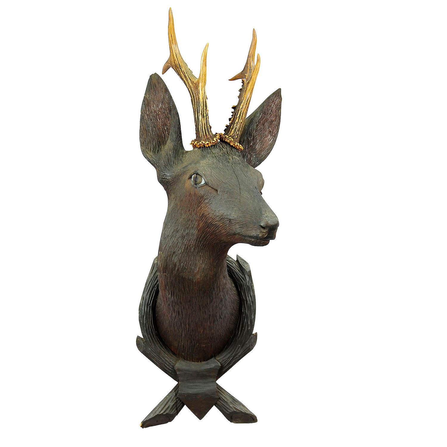 Antique Wooden Carved Deer Head with Original Antlers, Black Forest, circa 1900