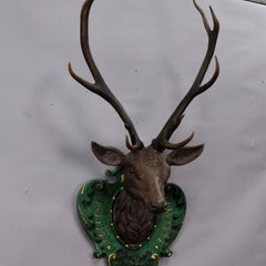 Antique Wooden Carved Deer Head with Orignal Antlers