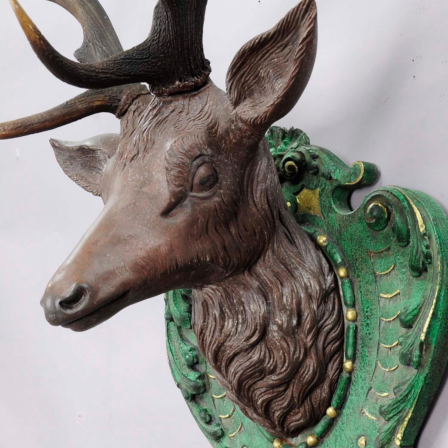 German Antique Wooden Carved Deer Head with Orignal Antlers