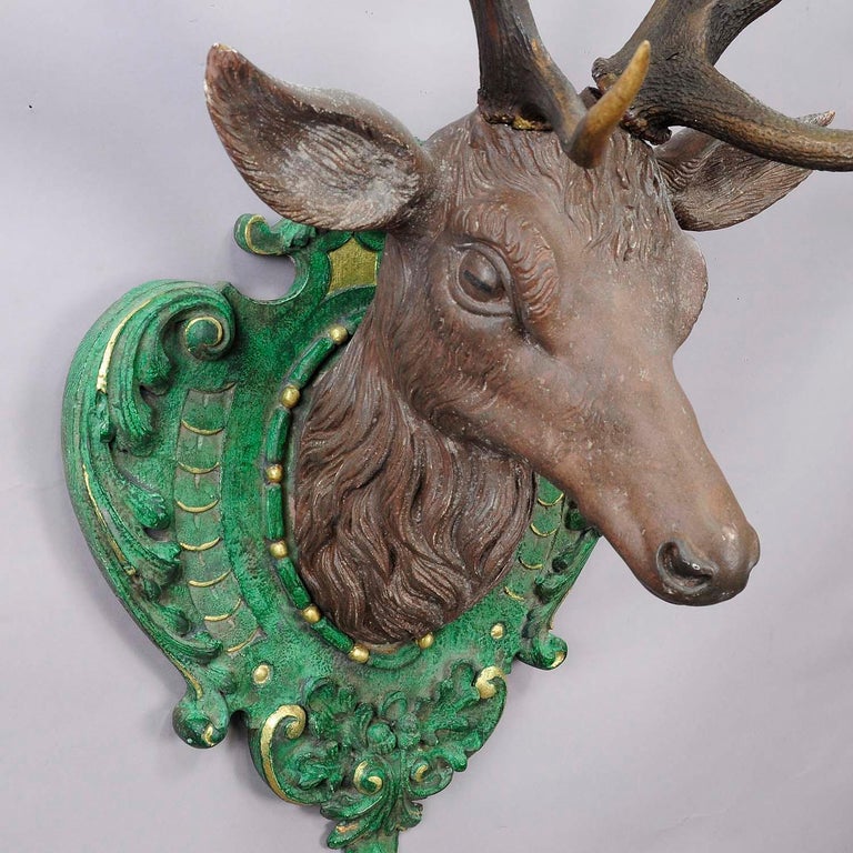 Antique Wooden Carved Deer Head with Orignal Antlers at 1stDibs