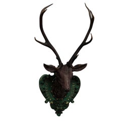 Antique Wooden Carved Deer Head with Orignal Antlers