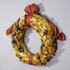 Antique Wooden Carved Door Wreath with Acorns, Germany ca. 1930s
