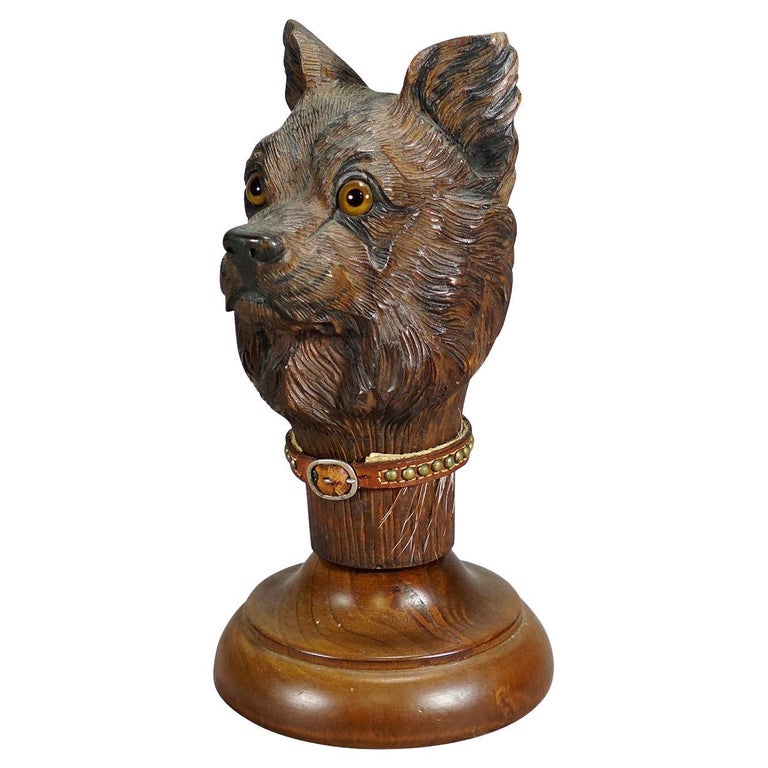 Antique Wooden Carved Head of a Norwich Terrier, Brienz Ca. 1900 For