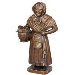 Antique Wooden Carved Sculpture of a Folksy Countrywoman