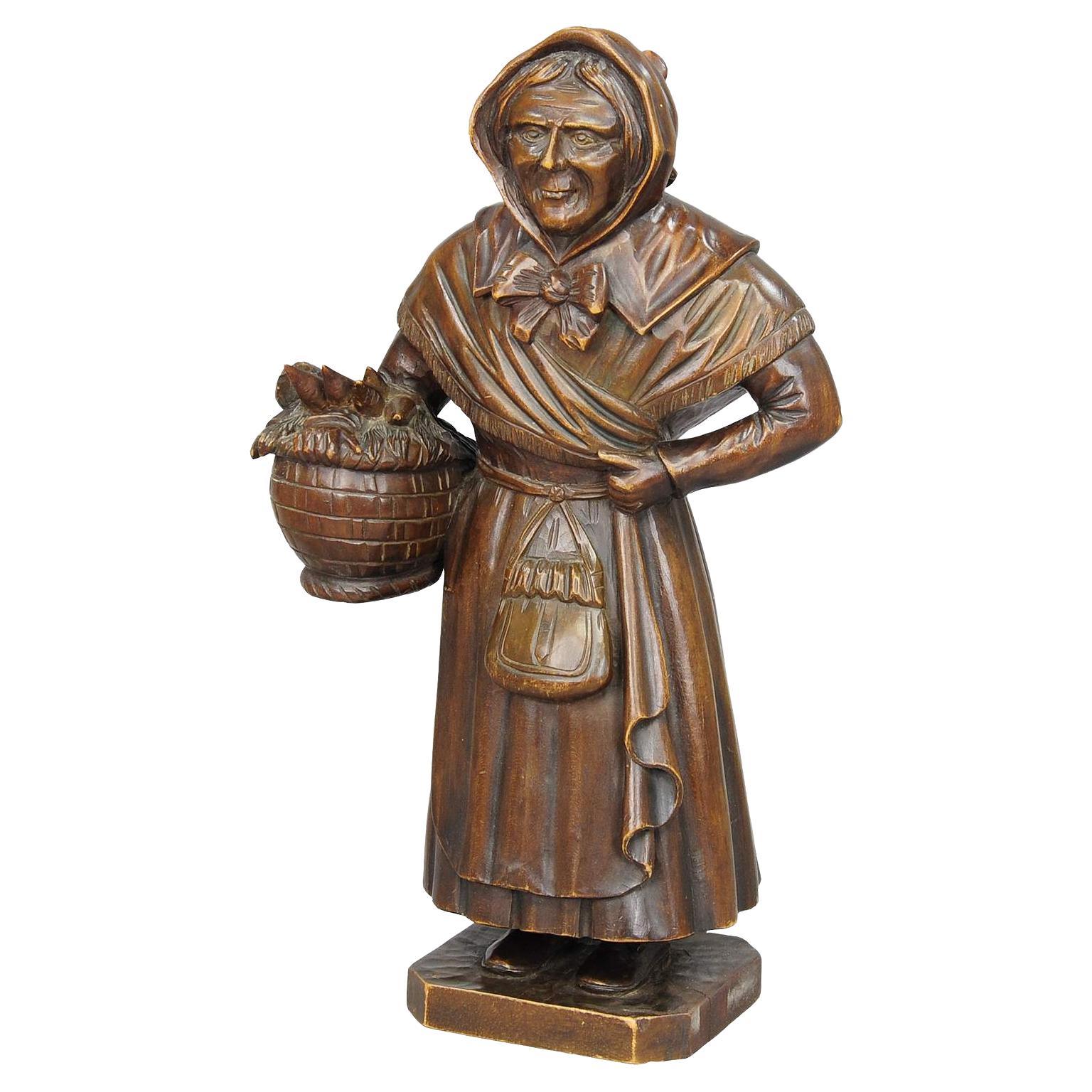 Antique Wooden Carved Sculpture of a Folksy Countrywoman For Sale