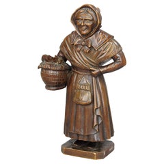 Antique Wooden Carved Sculpture of a Folksy Countrywoman