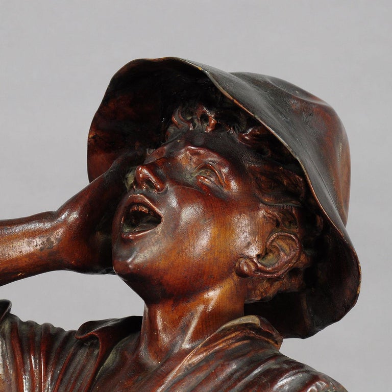 Black Forest Antique Wooden Carved Statue of a Young Fisherman For Sale