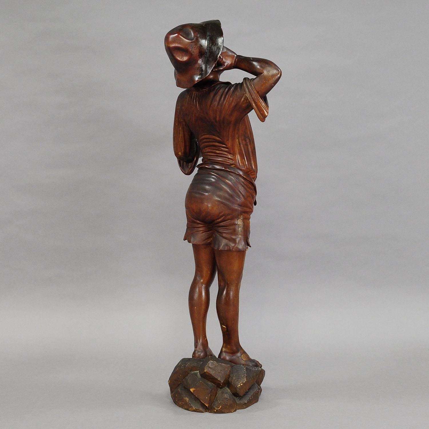 Antique Wooden Carved Statue of a Young Fisherman For Sale 2