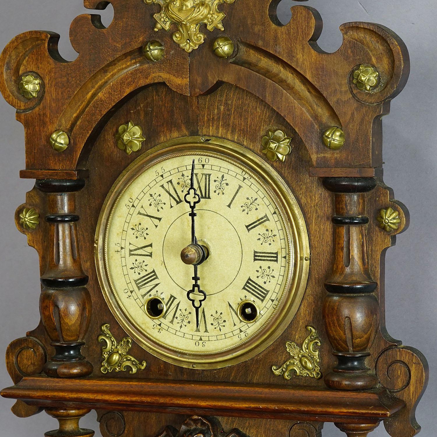 Black Forest Antique Wooden Carved Wall Clock with Brass Applications