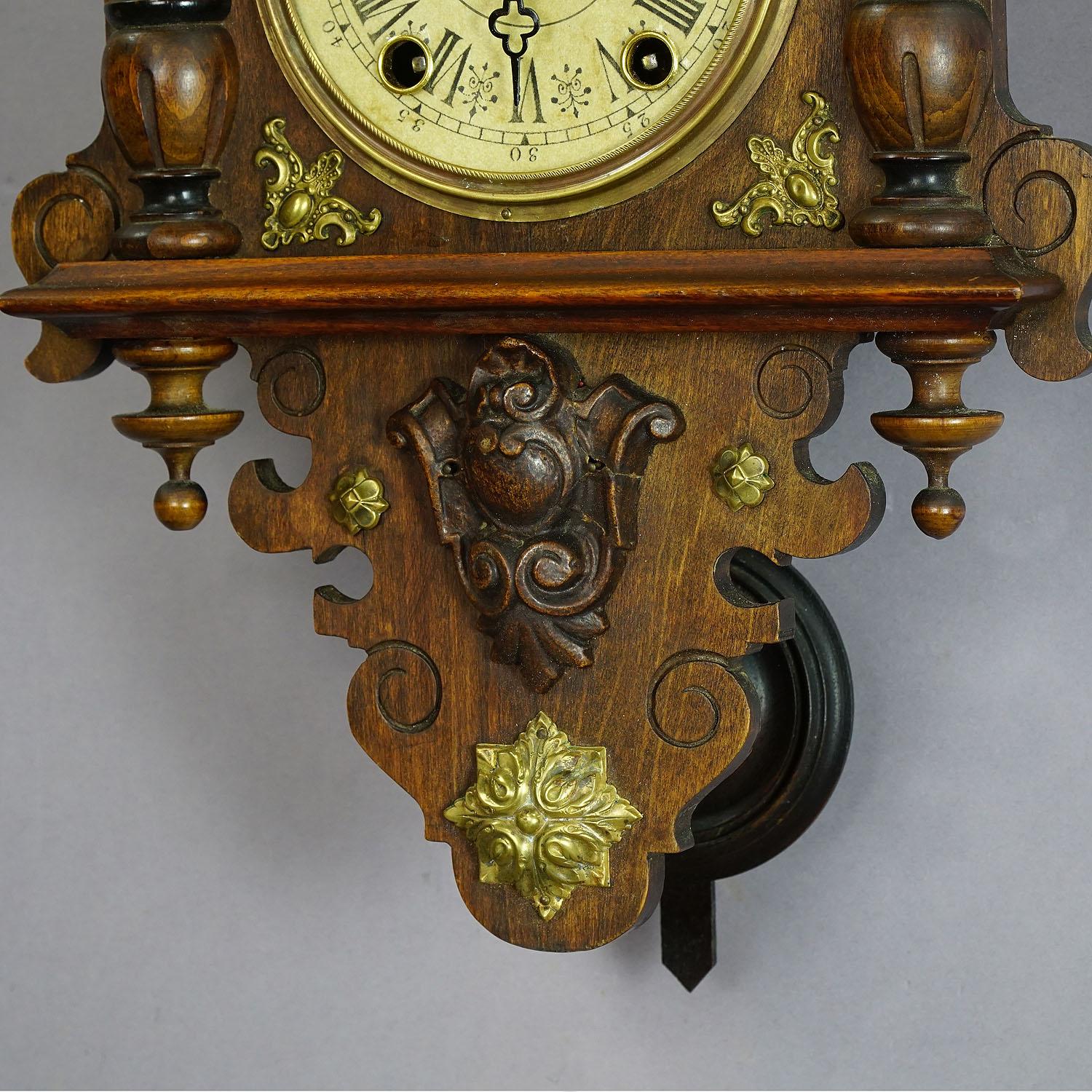German Antique Wooden Carved Wall Clock with Brass Applications
