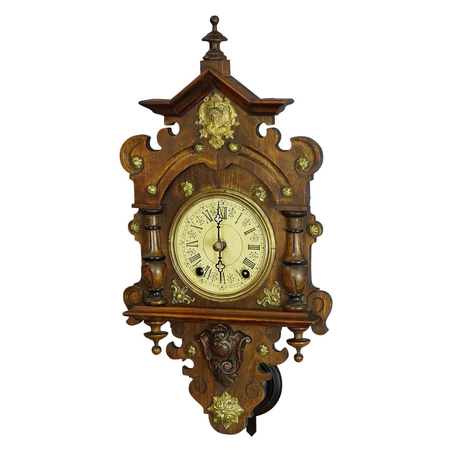 Antique Wooden Carved Wall Clock with Brass Applications