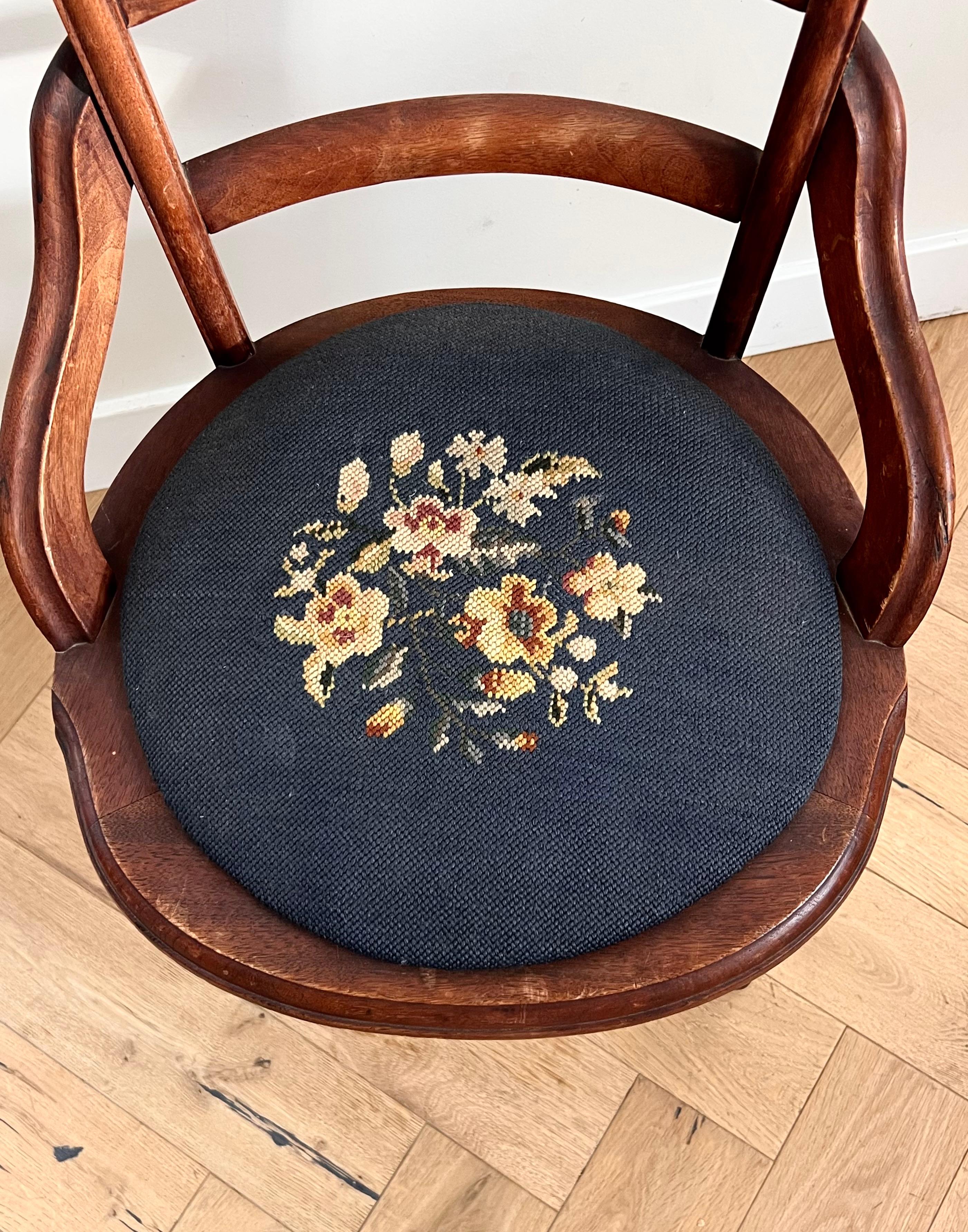 Antique Wooden Chair with Embroidered Needlepoint Seat, Early 20th Century For Sale 2