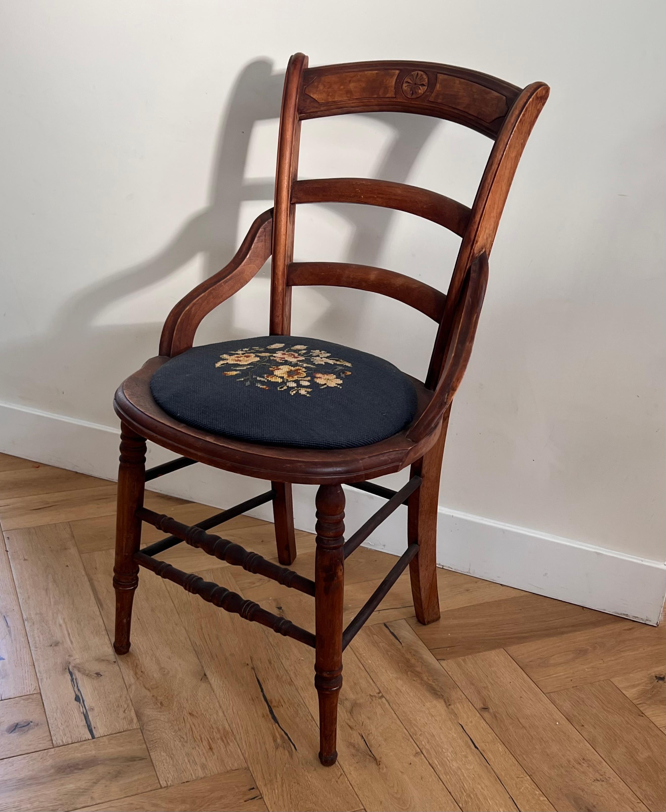 Antique Wooden Chair with Embroidered Needlepoint Seat, Early 20th Century For Sale 3