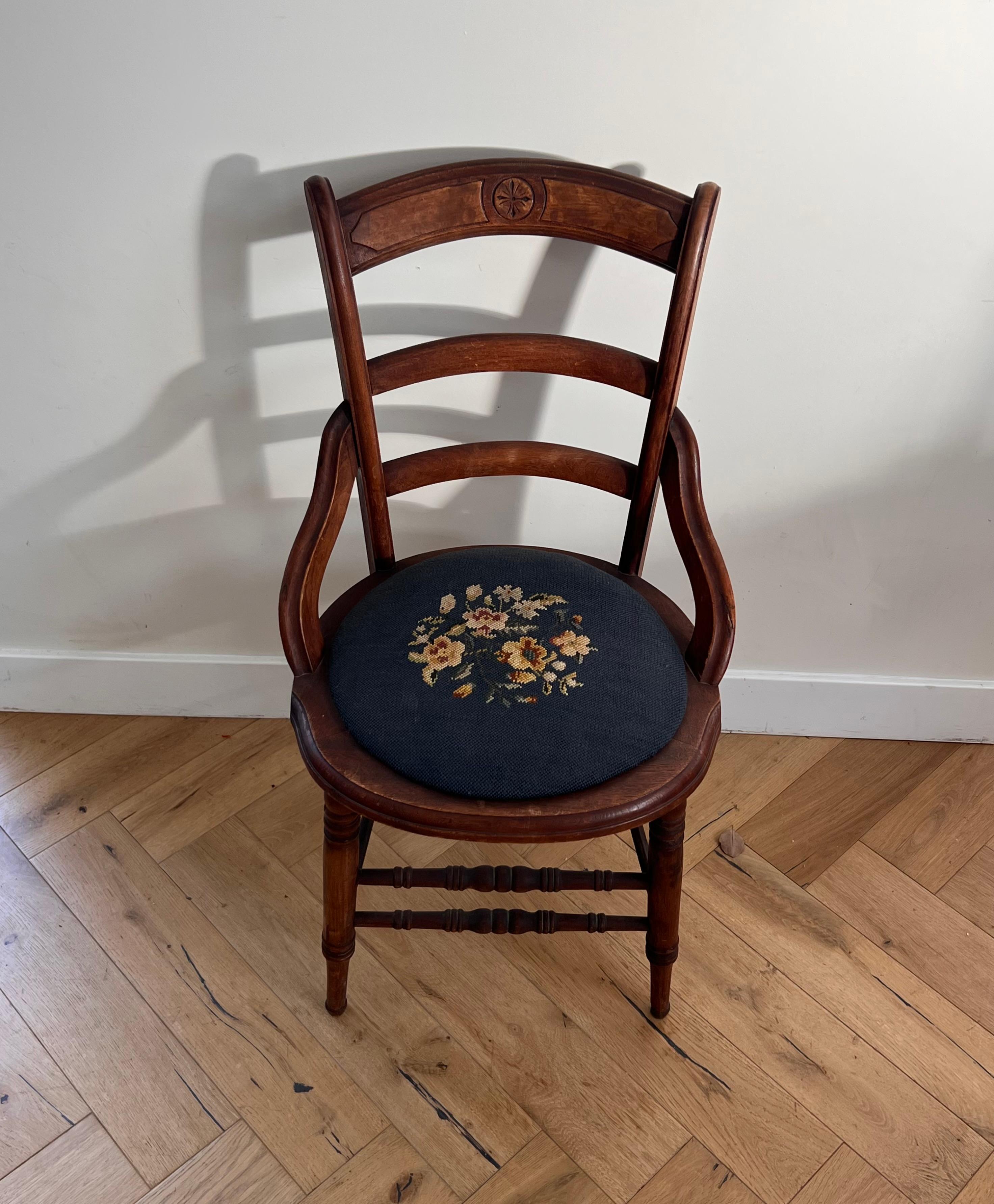 Antique Wooden Chair with Embroidered Needlepoint Seat, Early 20th Century For Sale 6